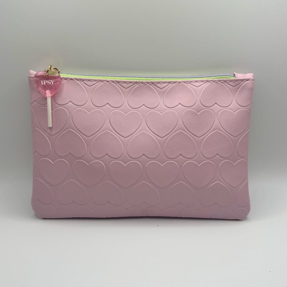 IPSY Pink Heart Embossed Makeup Bag Lollipop Zipper Pull NWOT